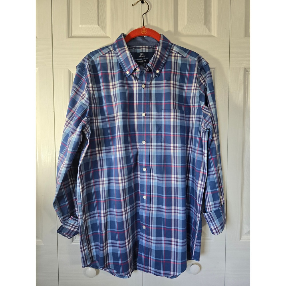 George Mens Classic Fit Navy Red Plaid Button Down Shirt Medium 38-40 GM29Y060